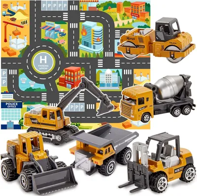 Produktbild von Metall Spielzeug Traktor und Baumaschinen Set für Kinder - Miniaturfahrzeuge mit Spielmatte
