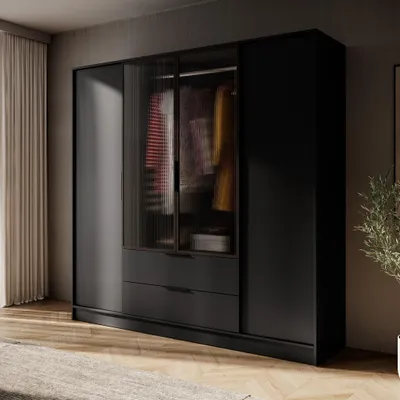 Produktbild von 200 cm breite Schrank Jolie IV schwarze Garderobenschrank mit Glastüren Kleiderschrank mit 4 Scharniertüren Drehtürenschrank mit 2 Schubladen, Farbe: Schwarz