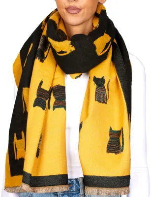 Produktbild von BRUBAKER Cashmirillo Damen Schal mit Katzen Muster - 70 x 200 cm - Warm und Kuschelig - Damenschal für Herbst und Winter, Gelb