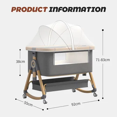Productafbeelding van Babybed - CS-8 2-in-1 bijzetbed - Vrijstaand - 6-voudig in hoogte verstelbaar - Met wielen - Inclusief matras - Met net - Grijs