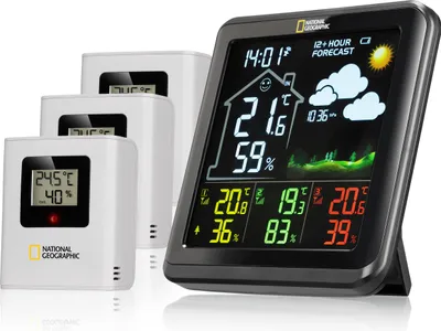 A digital weather station with multiple remote sensors, displayed on a white background.