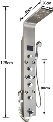 A stainless steel shower panel system with various controls and a handheld showerhead, shown against a white background with dimensions indicated.