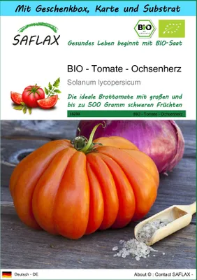 Produktbild von SAFLAX - Geschenk Set - BIO - Tomate - Ochsenherz - 10 Samen - Mit Geschenk- / Versandbox, Versandaufkleber, Geschenkkarte und Anzuchtsubstrat - Solanum lycopersicum
