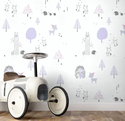 Produktbild von NEWROOM Tapete Lila Vliestapete Tiere - Kinderzimmertapete Kinder Violett Weiß Wald Bäume Tiertapete