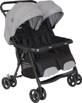 Produktbild von Graco DuoRider™ Doppel-Kinderwagen, Geschwisterwagen, ab Geburt bis ca. 3 Jahre (bis 15 kg), leicht, schnell zusammenklappbar, zusammengeklappt freistehend, großer Staukorb, inkl. Regenverdeck, grau, Steeple Gray