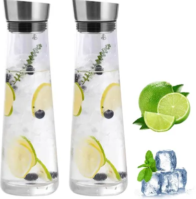 Produktbild von Glas Wasserkaraf mit Deckel - 1 Liter - 2 Stück - Glas mit Edelstahl