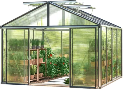 Produktbild von GFP Gewächshaus Asteria 22 Premium 311x311 cm mit integriertem Fundament 16 mm Doppelstegplatten, Farbe Aluminium Silber