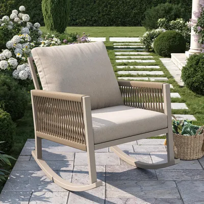 Image de Merax Fauteuil à bascule d'extérieur 1 ensemble avec technique de tissage croisé, canapé d'extérieur avec cadre métallique résistant aux intempéries, meubles de jardin  avec coussins confortables, jusqu'à 120 kg, beige