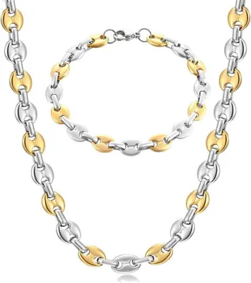 Produktbild von AFSTALR Herren Halskette Edelstahl Kaffeebohne Armband Set Silber Gold 51/56/61CM