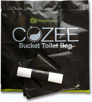 A black bag with product branding and some black bags and a roll of toilet paper.
