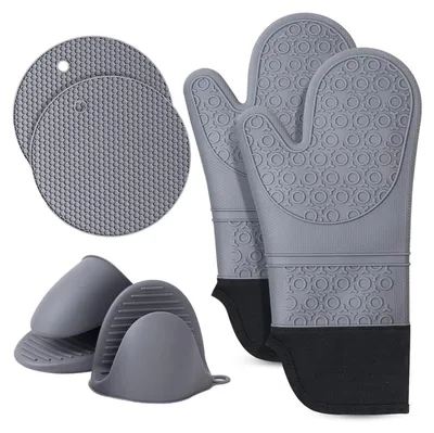 Produktbild von 6-teiliges Silikon Backhandschuh Set,Hitzebeständige Ofenhandschuhe,Topflappen & Topfhandschuhe für Heißluftfritteuse & Backen, Rutschfest, Grau