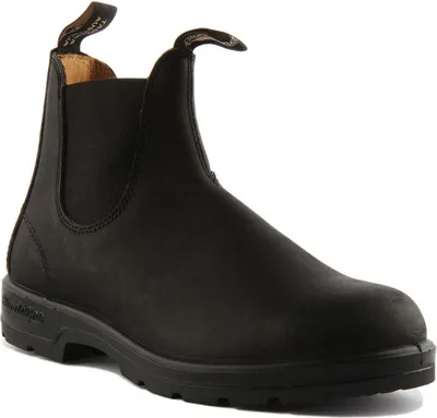 A black Blundstone boot is shown against a white background.