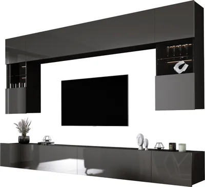 Zdjęcie produktu dla Szafka ścienna czarny/szary połysk, szerokość: 300 cm, wysokość: REGULOWANA cm, głębokość: 42 cm