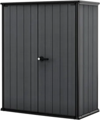 A gray storage cabinet with double doors and a handle.