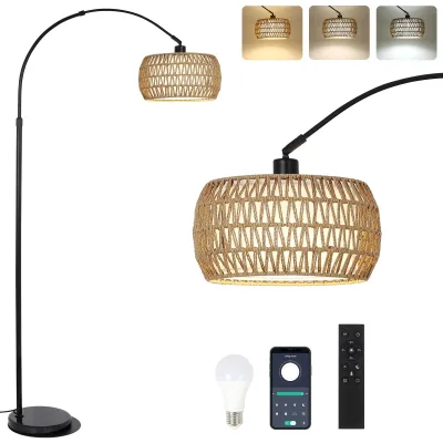 Image de Lampe arc vintage avec abat-jour en rotin - Dimmable - Lampe LED - Télécommande - Contrôle par application - Lampadaire noir