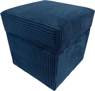 A blue corduroy ottoman is shown against a white background.