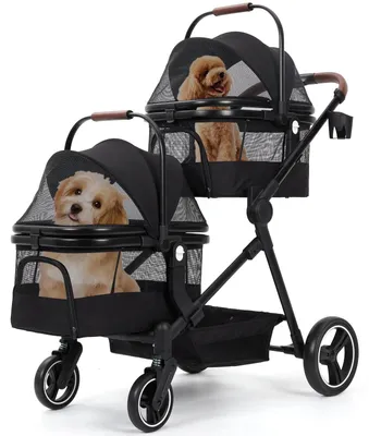 Immagine prodotto di Carrello per cani – Passeggino pieghevole per animali domestici – Adatto a cani fino a 22 kg – Finestre a rete – Portabevande e cestino – Copertura impermeabile – Colore: nero