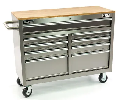 Produktbild von HBM Werkzeugwagen mit Holzarbeitsplatte, 117 cm, Edelstahl