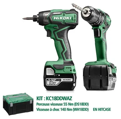 Image de Pack de 2 outils Perceuse Visseuse 55 Nm + Visseuse à choc 140 Nm HIKOKI KC18DDWAZ 18V 5Ah Brushless avec 2 Batteries et HitCase