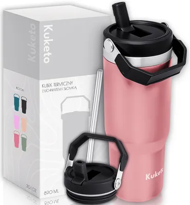 Produktbild von Kuketo | Thermobecher mit Griff - 900 ml - Rosa - Doppelwandig - BPA-frei - Für Unterwegs - Duslaufsicher mit Flip-Strohhalm