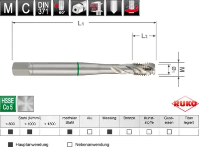 Produktbild von RUKO Maschinengewindebohrer M DIN 371 HSS Co 5 M 5