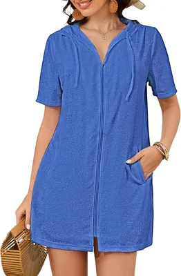 Produktbild von Frottee Strandkleid, für Strand, mit Kapuze, Taschen, Reißverschluss