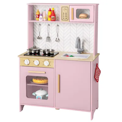 Produktbild von COSTWAY Kinderküche, Spielküche Holz mit Zubehör, Mikrowelle, Herd, Spüle, Backofen, Kinder Küche mit Licht und Sound, Spielzeugküche für Kinder 3+