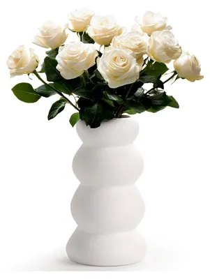 Produktbild von Beige Keramikvase für Pampasgras, Moderne Blumenvase in Weiß, Kleine Boho Deko Vase für Wohnzimmer und Esstisch, Skandinavischer Stil für Trockenblumen