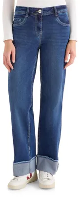 Imagen del producto de Pantalones vaqueros de corte amplio, color azul medio, con efecto desgastado, talla 27