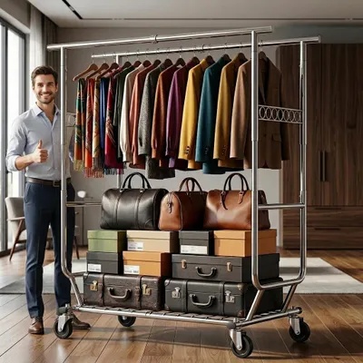 Imagen del producto de Perchero ajustable, color , de metal, con barras dobles y estantes, y con ruedas