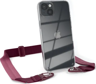 Produktbild von EAZY CASE - Hülle mit Band für Apple iPhone 14 Plus, Handyhülle mit Umhängeband, Silikonhülle transparent, Handykette in Rot