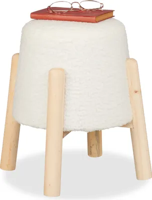 Produktbild von Relaxdays Sitzhocker, Teddyfell, Holzbeine, HxD: 40 x 30 cm, Wohnzimmer, Schlafzimmer, runder Polsterhocker, weiß/natur