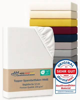 Produktbild von AM Qualitätsmatratzen | Premium Spannbettlaken 270x200  cm | Baumwolle (200gsm) in Weiß |  Germany |  es Bettlaken | Jersey Spannbetttuch | Fitted Sheets | Baumwolle |270  x 200  cm