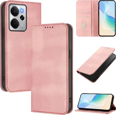 Produktbild von Handyhülle für Realme 14, Vintage Leder RFID Schutz Kartenfach Standfunktion Magnetische Klapphülle Pink