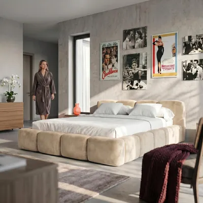 Produktbild von MUFFO Polsterbett SUENO 160x200 cm in Creme, gepolstertes Kopfteil, Metalllattenrost, Bettkasten, Velour-Stoff, KI-generiertes Bild