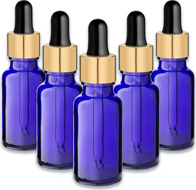 Produktbild von 5x Blaue Glasflasche 20 ml mit goldener Aluminiumpipette – Kosmetikflasche