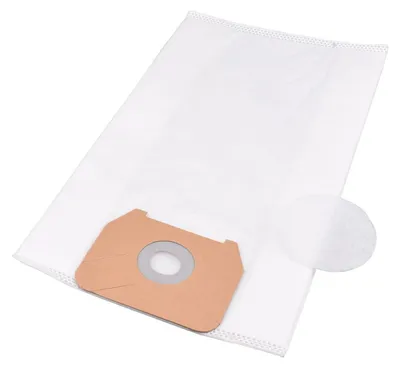 A white vacuum cleaner bag and a small circular filter are shown on a white background.