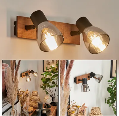 Produktbild von Buscoldo »Buscoldo« Wandlampe aus Metall/Holz/Glas in Schwarz/Natur/Rauchfarben
