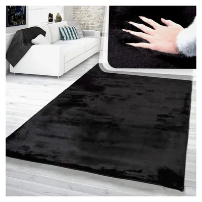 Produktbild von Hochflor Teppich Wohnzimmer Kunstfell Superweiches Kaninchenfell-Imitat Schwarz, Größe: 200x290 cm