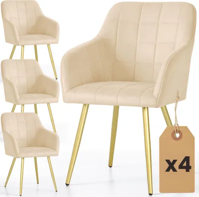 Produktbild von 4er Set Polsterstühle mit quadratischen Ziernähten LUXANO Beige mit goldenen Beinen