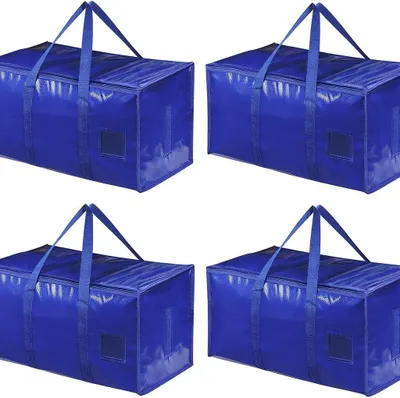 Image de Sacs de déménagement de 90 litres, lot de 4, couleur bleue, pour déménagements, avec fermeture éclair, poignées, sangles de sac à dos, pliables