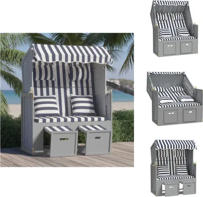 Produktbild von vidaXL Strandkorb mit Kissen Poly Rattan und Massivholz Blau & Weiß -  Sonnenliegen