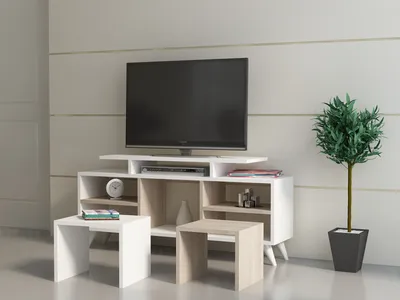 Immagine prodotto di Skye Decor, mobile TV moderno, 120 cm, realizzato interamente in pannello di particelle di legno rivestito in melamina al 100%, spessore 18 mm, dotato di numerosi ripiani, possibilità di montaggio a parete, disponibile nei colori bianco e Cordoba, elegante e funzionale.