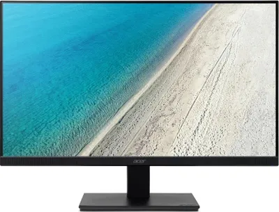 A black Acer computer monitor on a stand, displaying a beach and ocean scene.