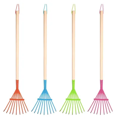 Produktbild von Ein Kinderrechen 4 Fach bunt sortiert aus Eisen und Griff aus Pappelholz