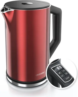 A red electric kettle with a black handle and lid, shown on a white background. A close-up inset shows the control panel with temperature settings.