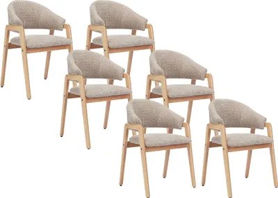 Produktbild von Stuhl mit Armlehnen 6er-Set - Bouclé-Stoff & Kautschukholz - Taupe & Holzfarben - SOLUNA