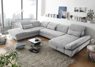 Produktbild von Funktionale Couch Melfi Sofa Schlafcouch Bettsofa Schlafsofa Sofabett Wohnlandschaft ausziehbar hellgrau silber Ottomane links U-Form