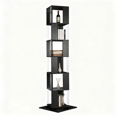 A tall, black, rotating bookshelf with multiple cubic shelves, some containing decorative items and books, against a white background.