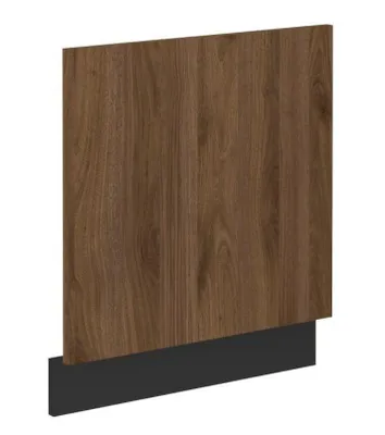 A close-up view of a cabinet door with a wood grain texture and a black base.